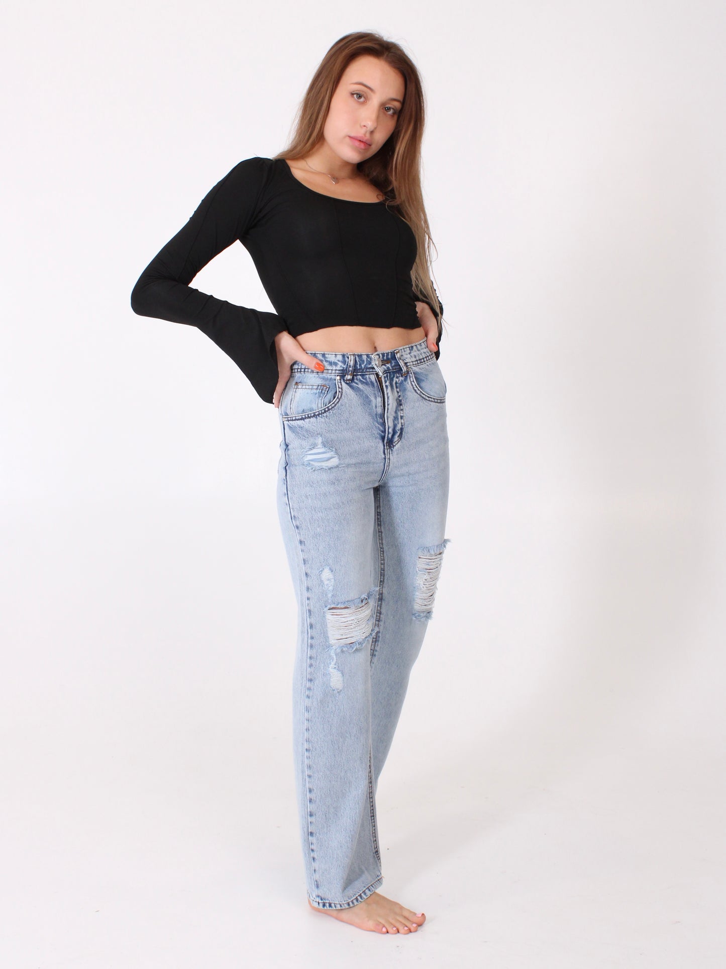Ocean Blue Ripped Anna Straight Leg Full Length Jeans