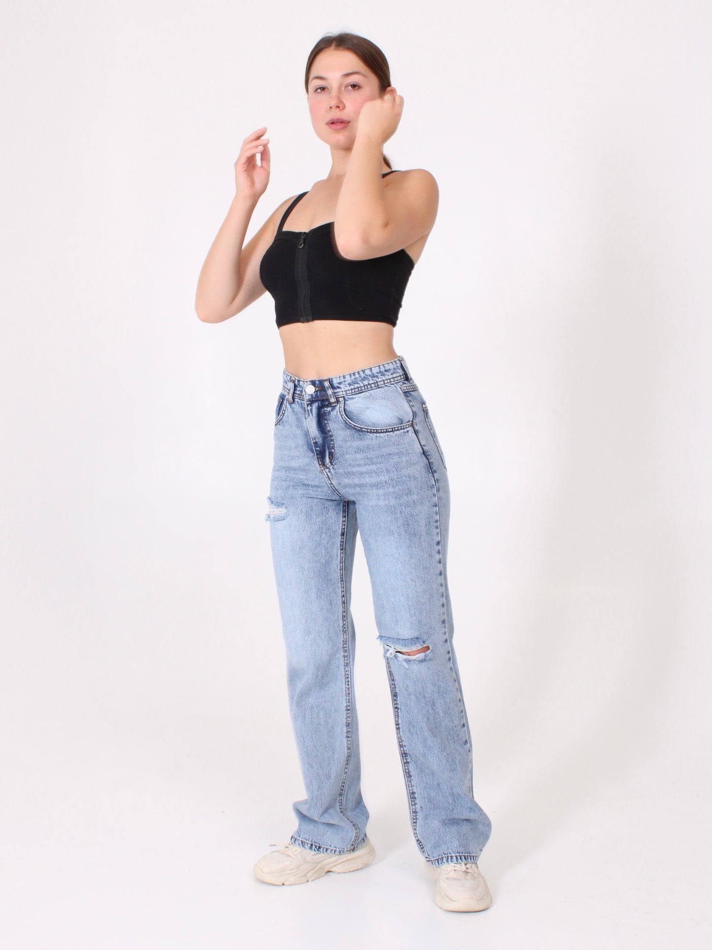 Mid Blue Ripped Anna Straight Leg Full Length Jeans