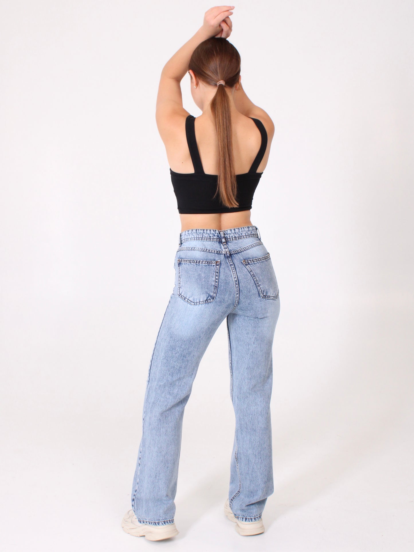 Mid Blue Ripped Anna Straight Leg Full Length Jeans