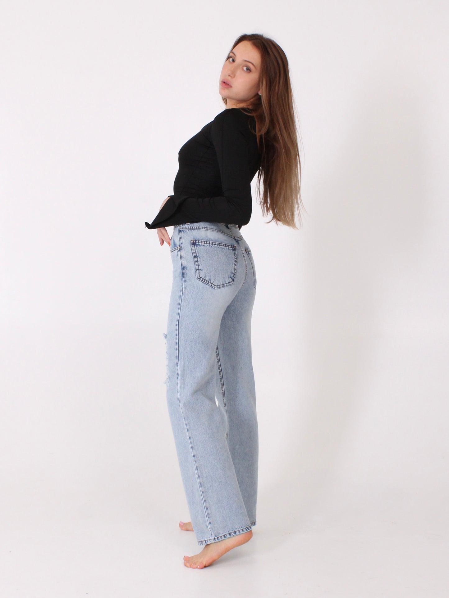 Ocean Blue Ripped Anna Straight Leg Full Length Jeans