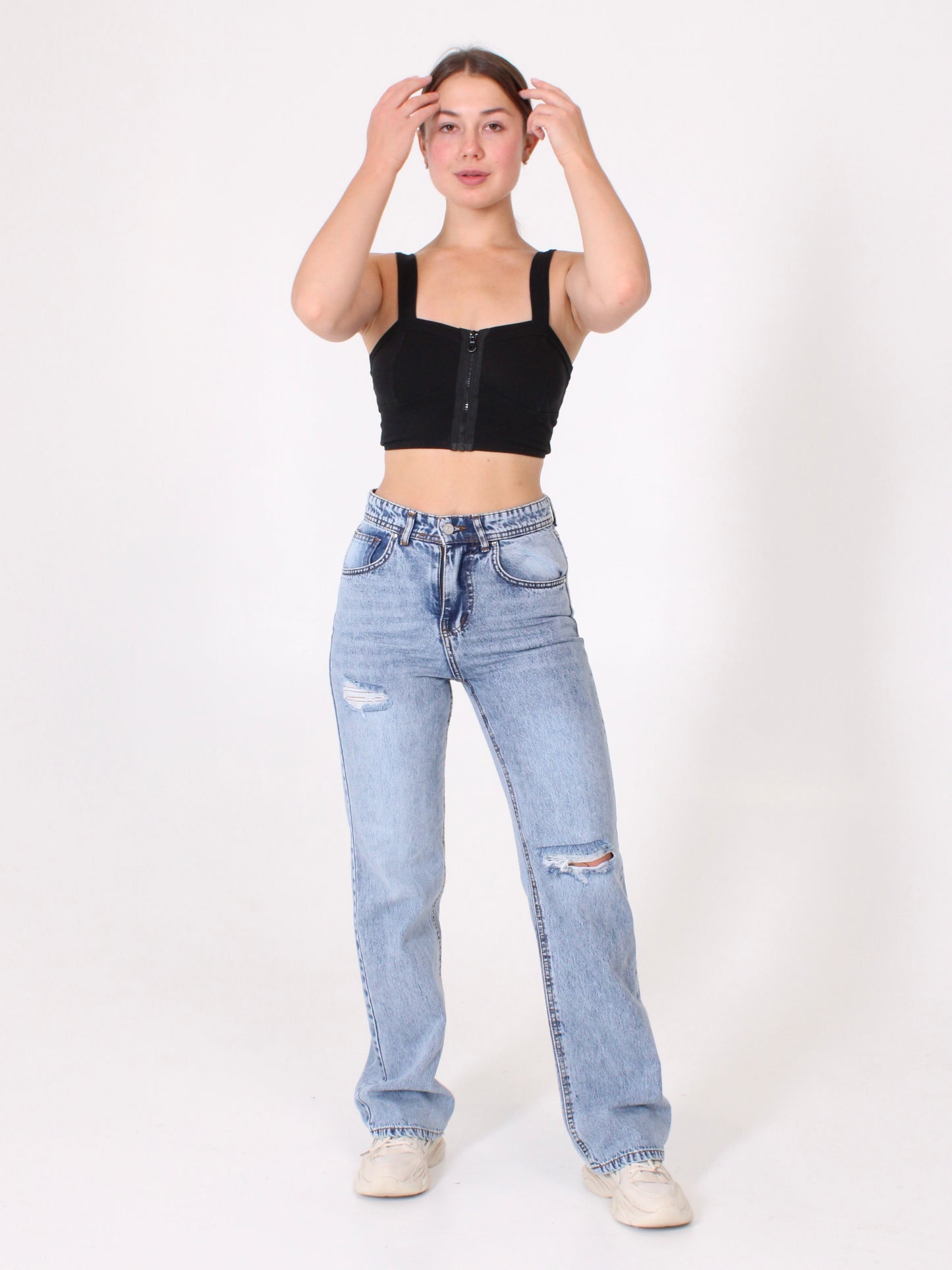 Mid Blue Ripped Anna Straight Leg Full Length Jeans