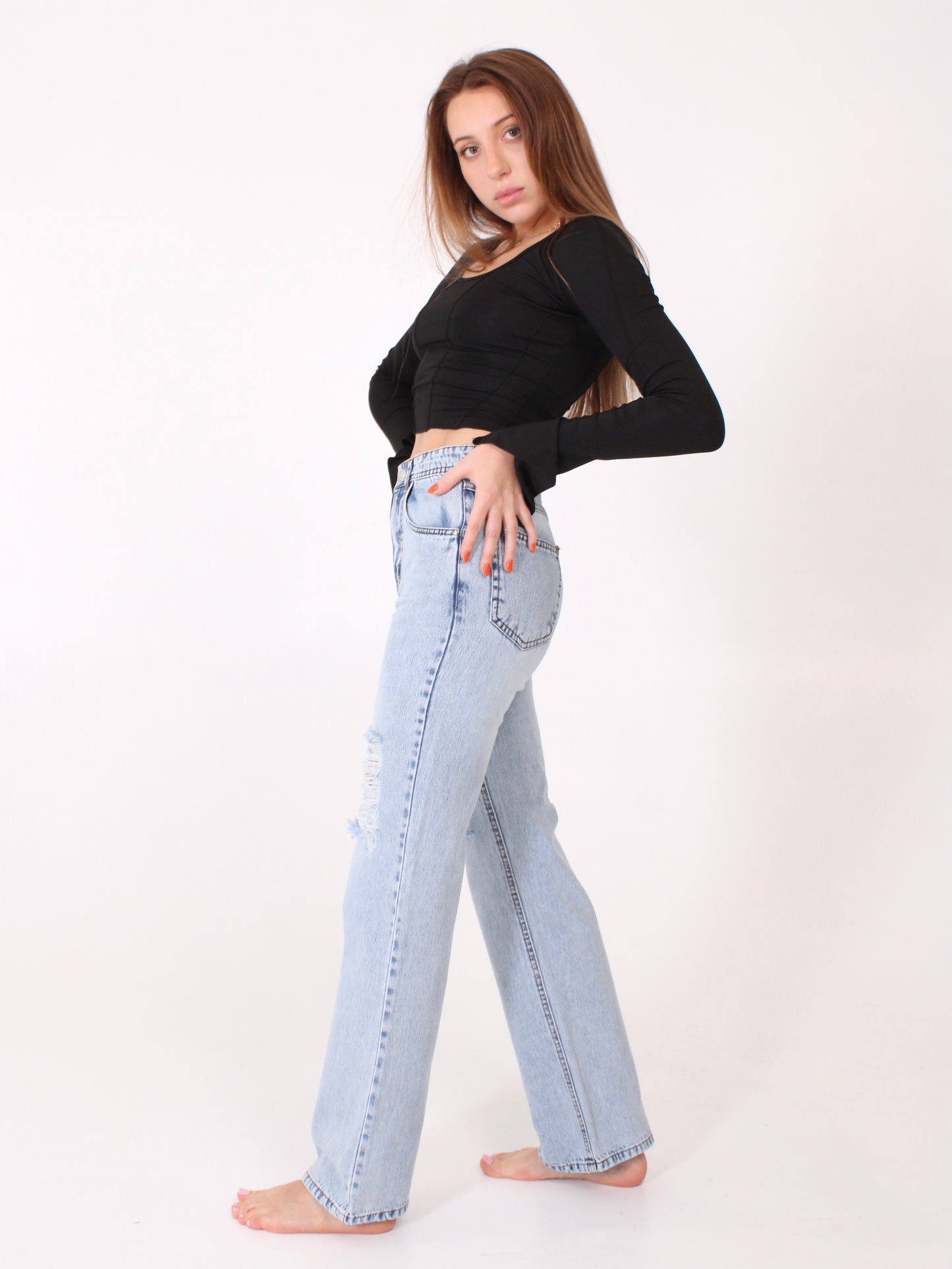 Ocean Blue Ripped Anna Straight Leg Full Length Jeans