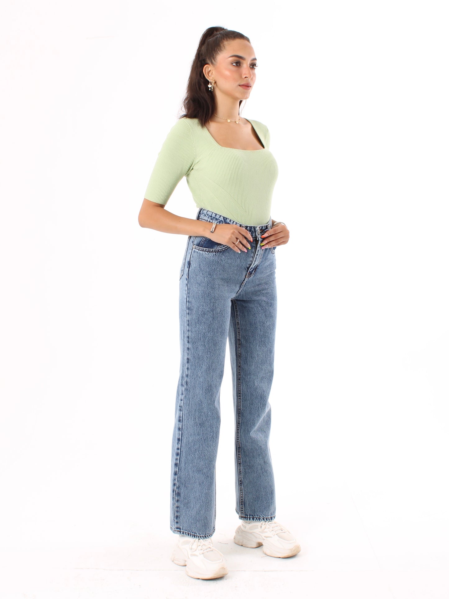 Mid Blue Anna Straight Leg Full Length Jeans