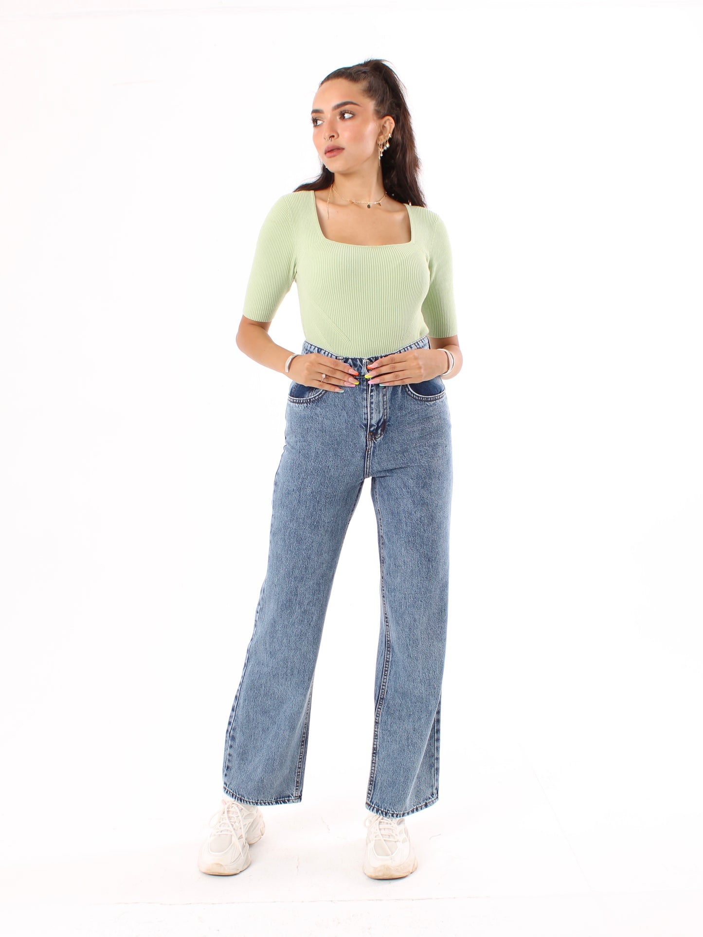 Mid Blue Anna Straight Leg Full Length Jeans