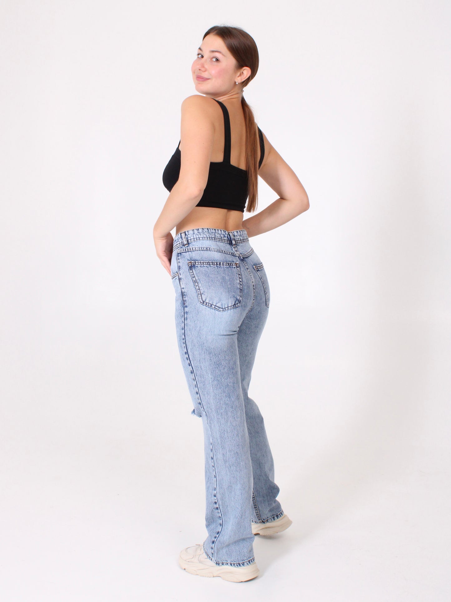 Mid Blue Ripped Anna Straight Leg Full Length Jeans