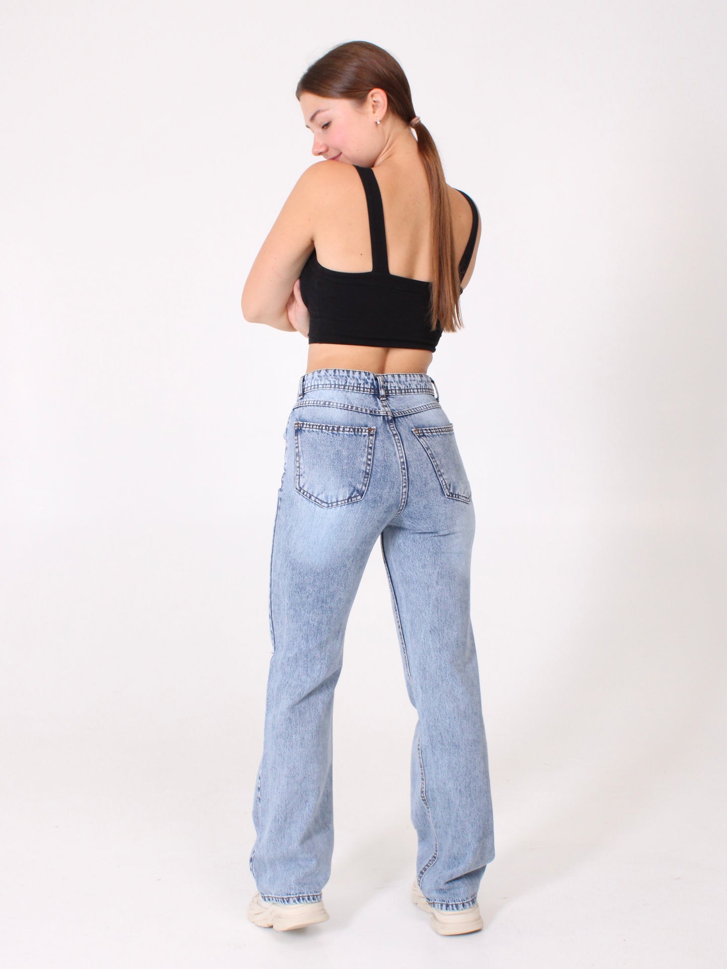 Mid Blue Ripped Anna Straight Leg Full Length Jeans