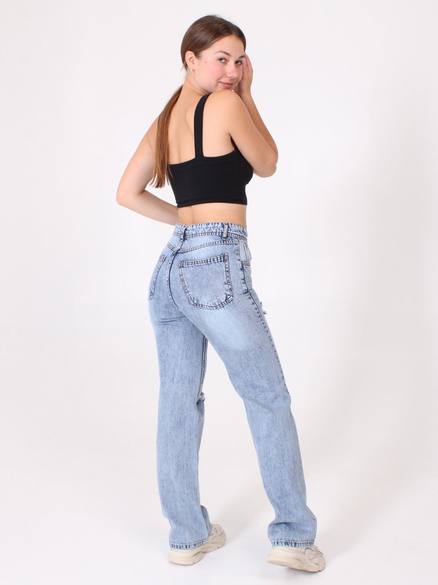 Mid Blue Ripped Anna Straight Leg Full Length Jeans