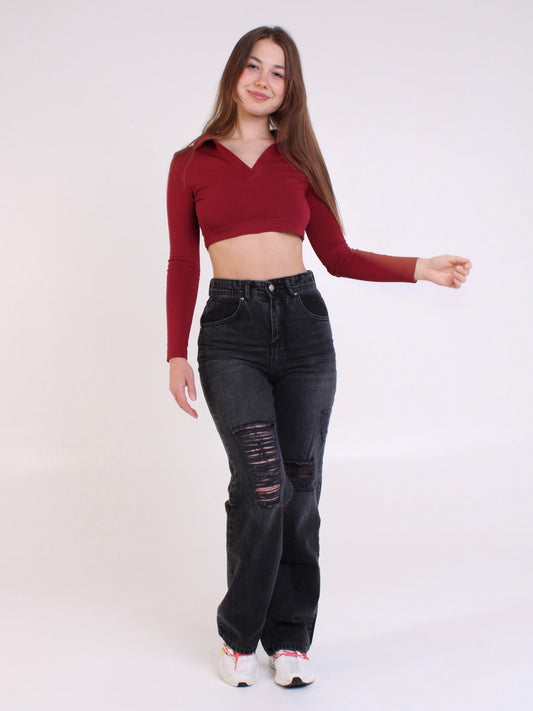 ( Pre-Order ) Washed Black Ripped Anna Straight Leg Full Length Jeans