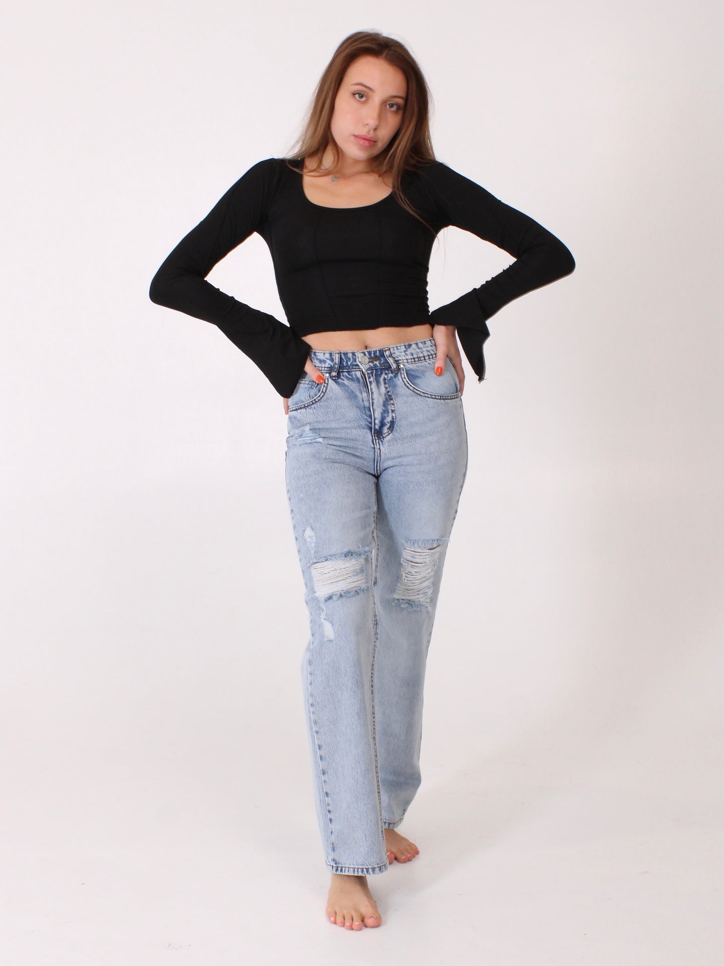 Ocean Blue Ripped Anna Straight Leg Full Length Jeans