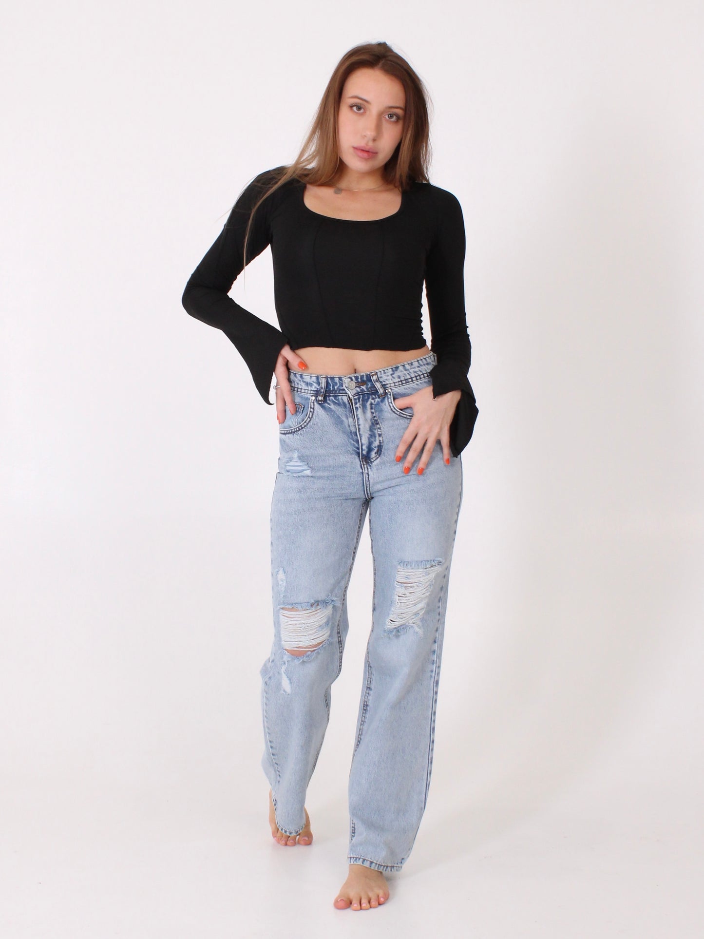 Ocean Blue Ripped Anna Straight Leg Full Length Jeans