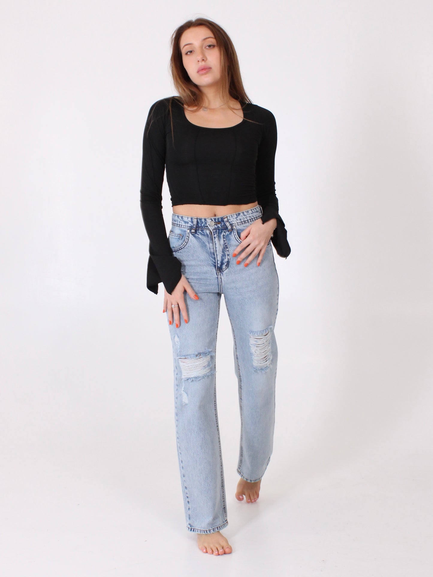 Ocean Blue Ripped Anna Straight Leg Full Length Jeans