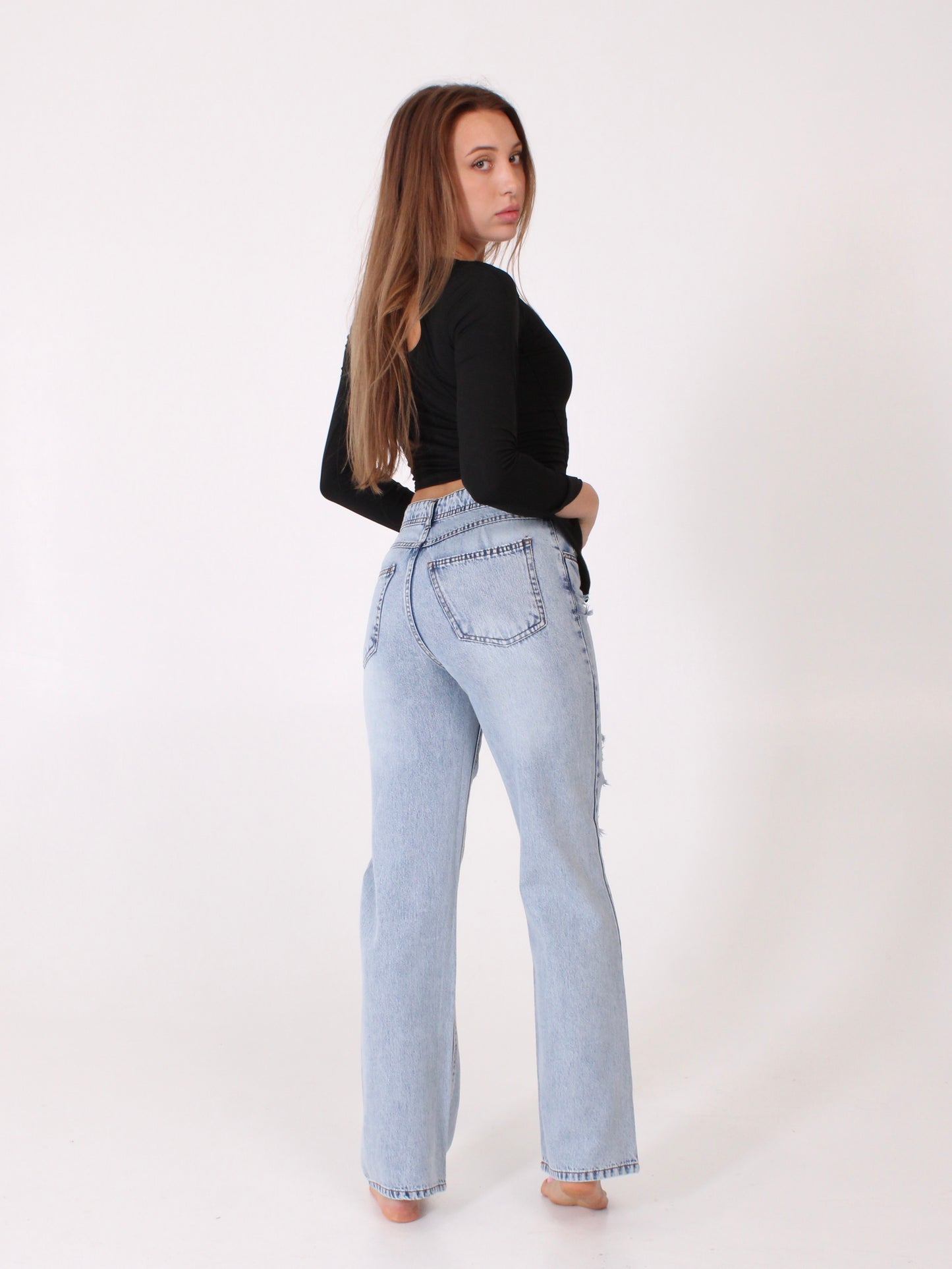 Ocean Blue Ripped Anna Straight Leg Full Length Jeans