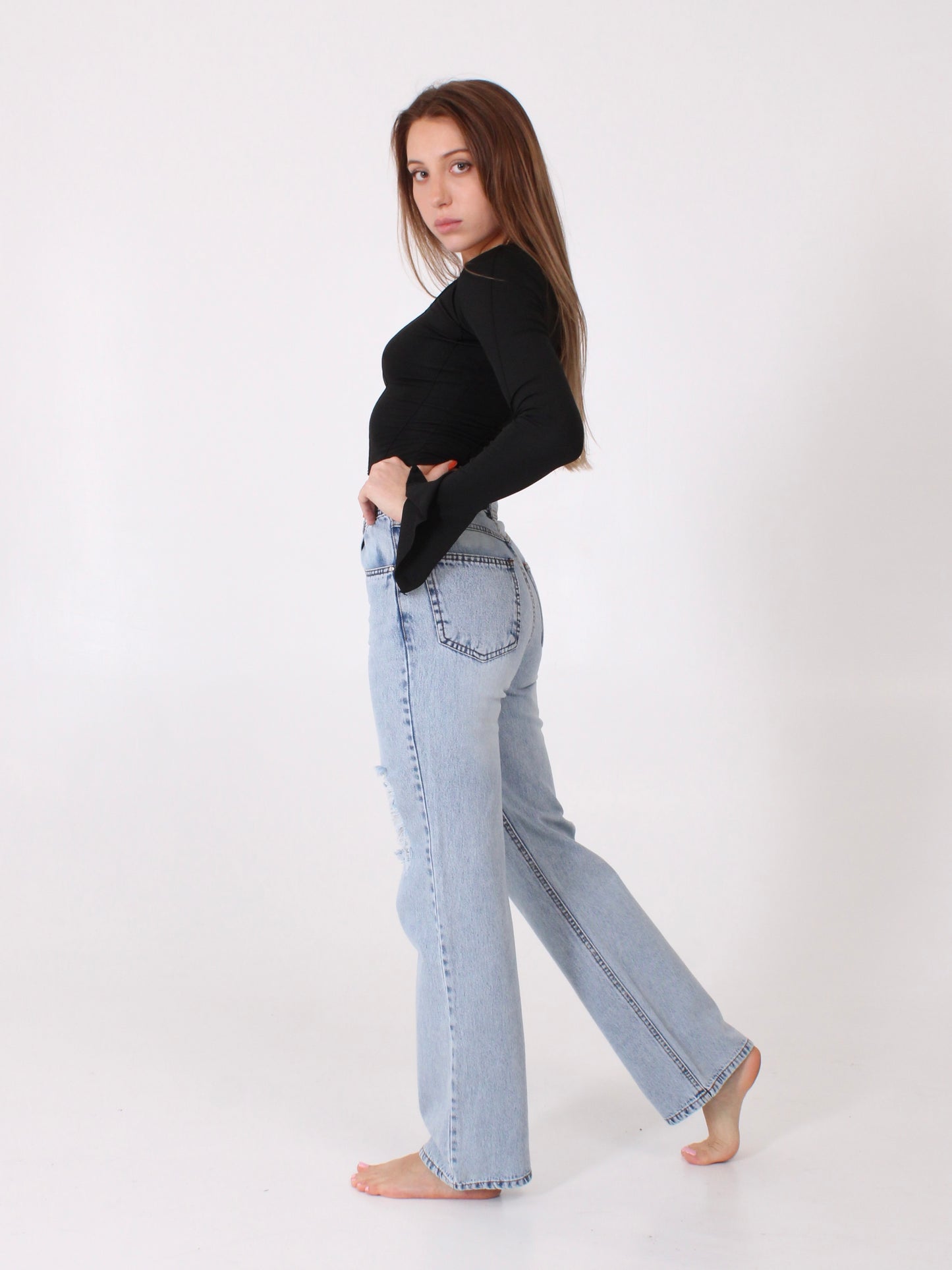 Ocean Blue Ripped Anna Straight Leg Full Length Jeans