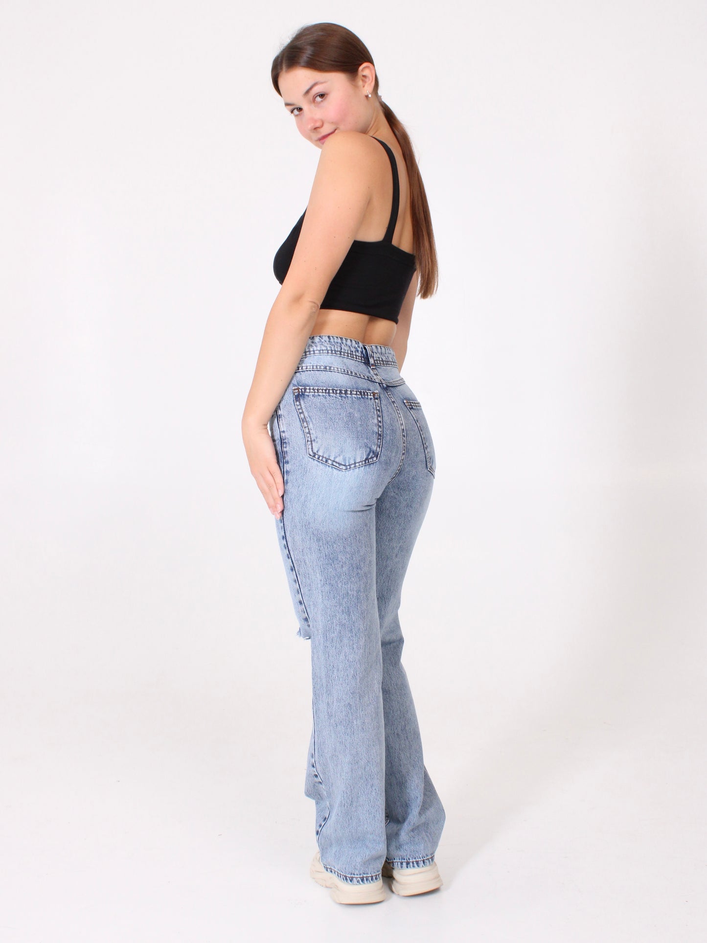 Mid Blue Ripped Anna Straight Leg Full Length Jeans