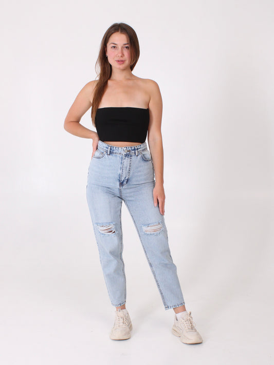 Ocean Blue Ripped Polina Mom Jeans