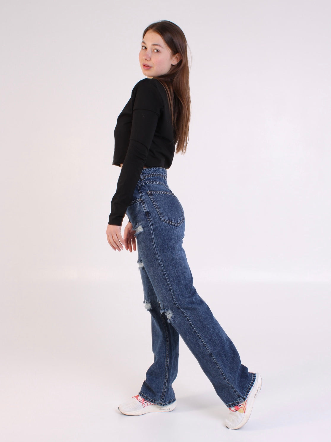 Dark Blue Ripped Anna Straight Leg Full Length Jeans